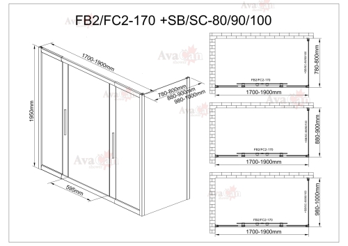 Душевой уголок AvaCan FB2 170-190  + SB90 MT